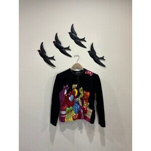 Vintage Terazzo Cotton Blend Embroidered Felt Colorful Cat Cardigan - Size S